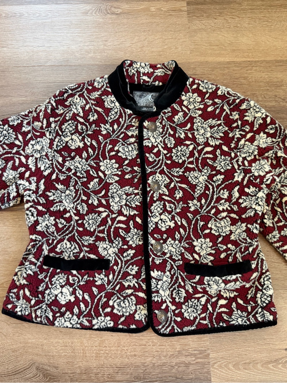 Women’s Red Floral Jacquard Jacket with Black Trim